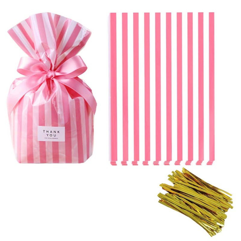 Tim&Lin Pink Stripe Clear Cello Candy Favor Bags,Cellophane Cookie Treat Plastic Bags,With Gold Twist Ties, Pack of 50